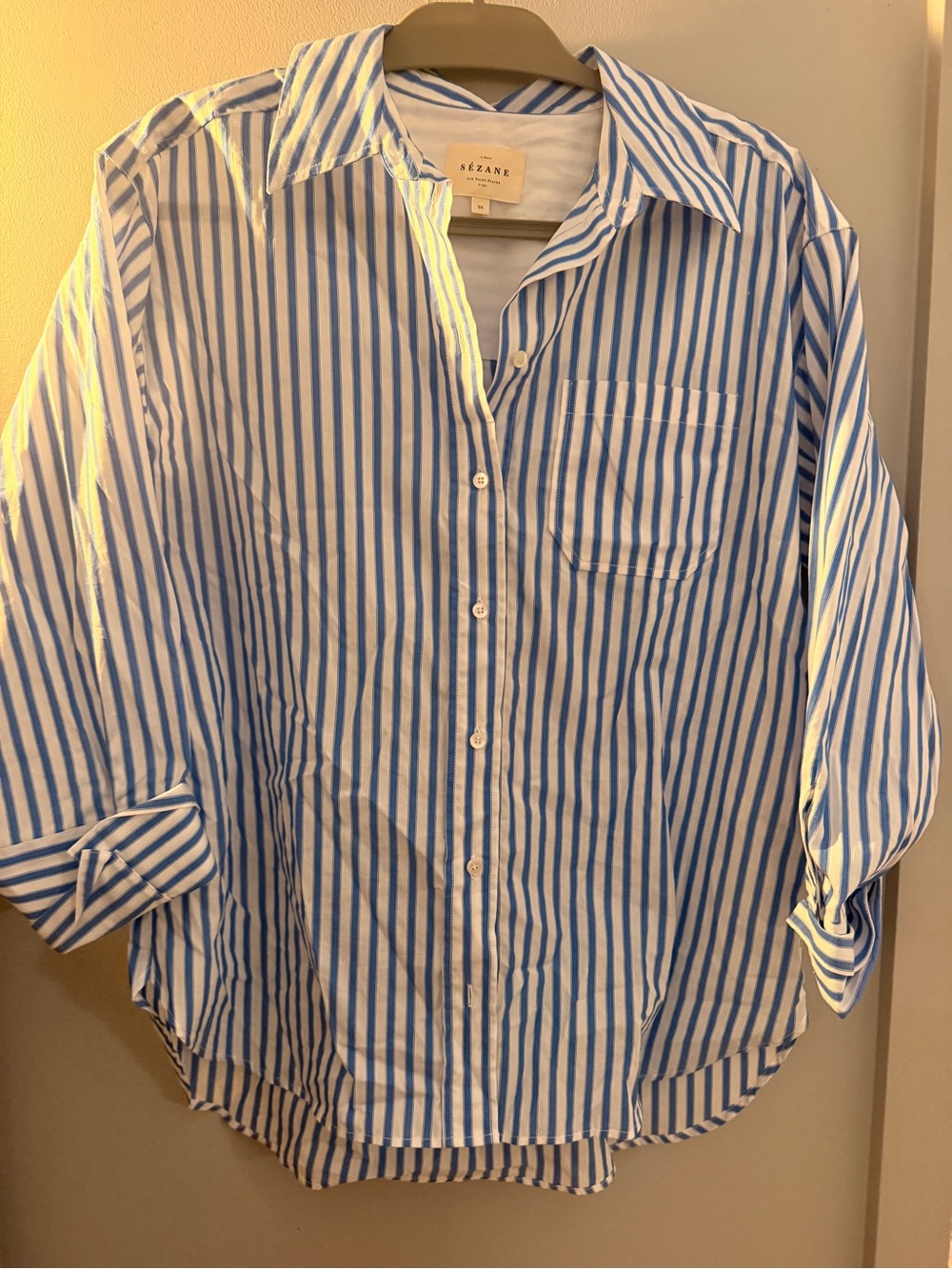 Sézane Blue and White Striped Button-Down Shirt